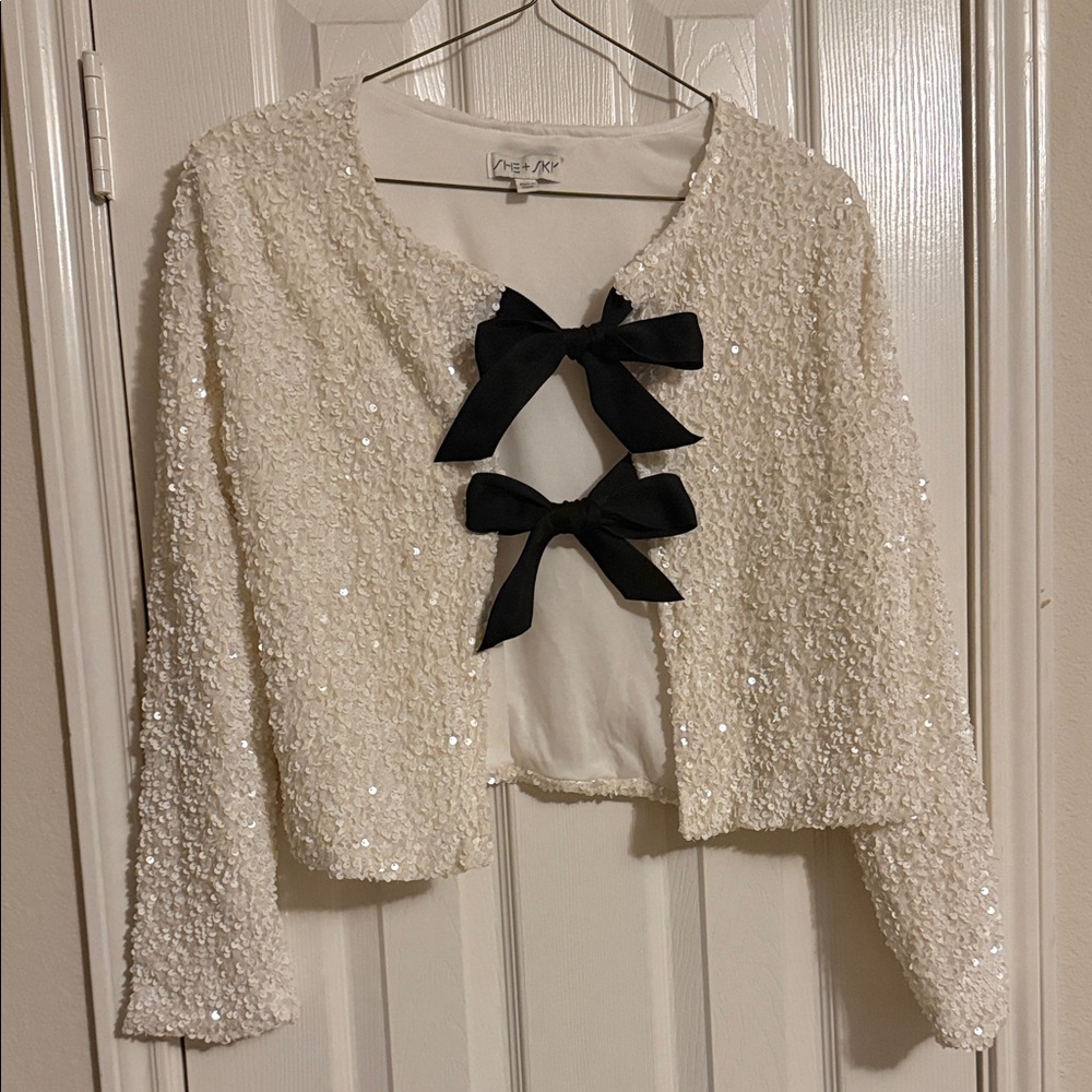 White Sequin Blazer with Black Bows
